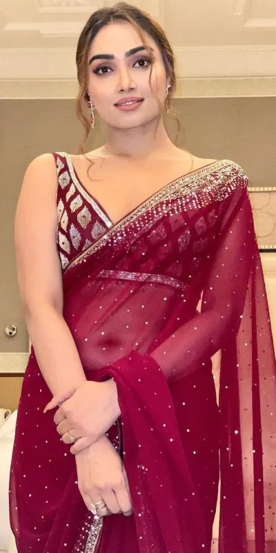 BT 3054 Maroon Saree : Georgette Work : Embroidery Sequence Work, Blouse : Banglory Silk Party Wear, Wedding Wear, Events Etc.@1749/- | Sarees, Bollywood Sarees, Creative Sarees, Designer Sarees, Ethnic Saree, Modern Digital sarees, Party Wear Sarees