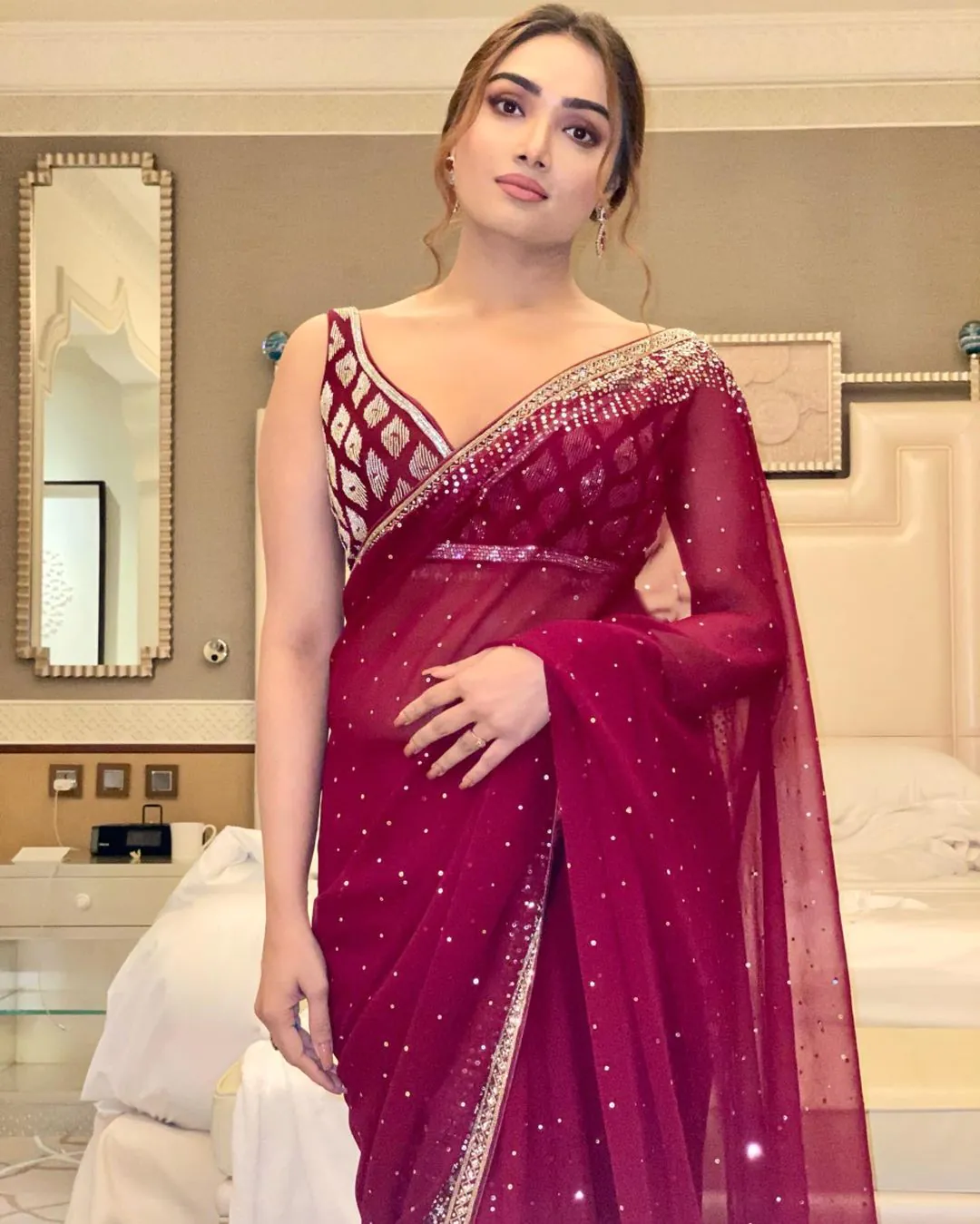 BT 3054 Maroon Saree : Georgette Work : Embroidery Sequence Work, Blouse : Banglory Silk Party Wear, Wedding Wear, Events Etc.@1749/- | Sarees, Bollywood Sarees, Creative Sarees, Designer Sarees, Ethnic Saree, Modern Digital sarees, Party Wear Sarees