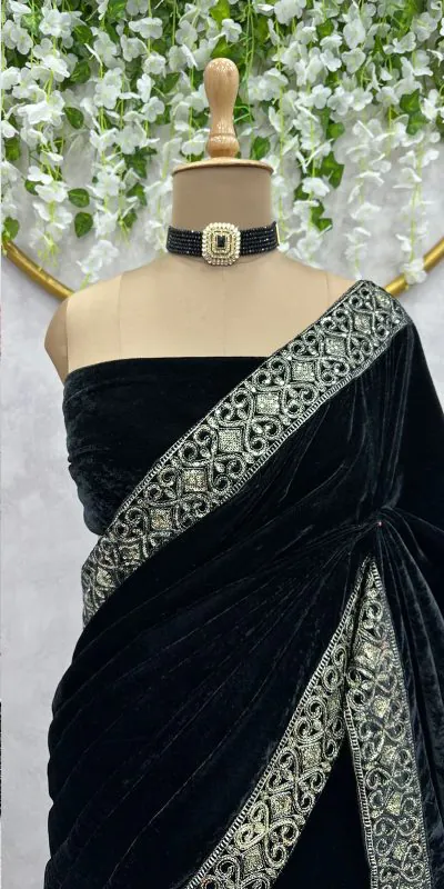 Dreamy Black Color Heavy Velvet with Lace work. Sequence Designer Saree