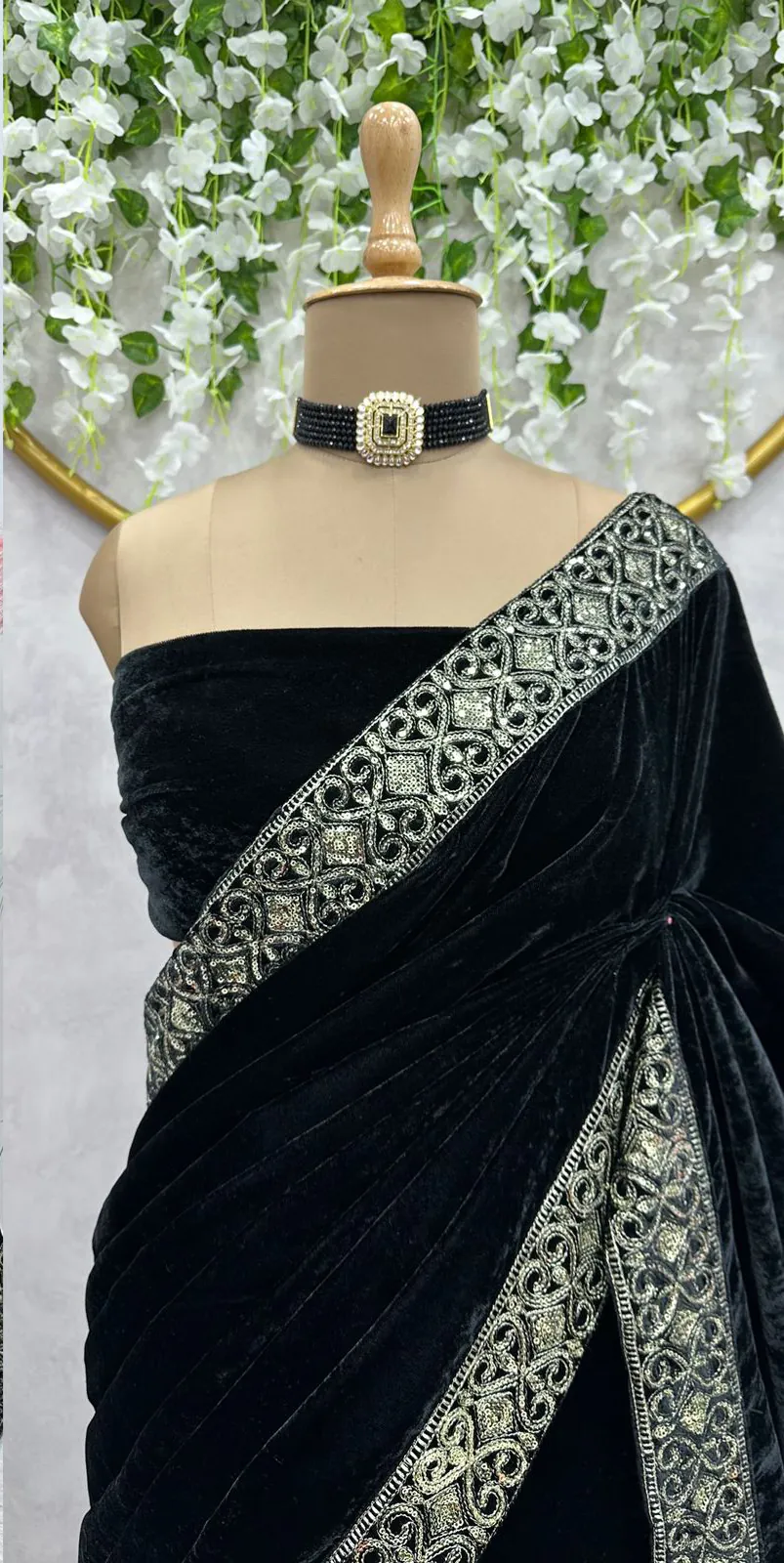 Dreamy Black Color Heavy Velvet with Lace work. Sequence Designer Saree