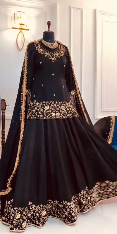 ZSR 3045  Black Faux Georgette With *Heavy 5mm Embroidery Sequence Top With Lehenga Choli For Traditional Wear, Wedding, Festive, Events. @2199/- | Lehenga, Bollywood Lehenga, Creative Lehenga, Designer Lehenga, Embroidered Lehenga, Party Wear Lehenga