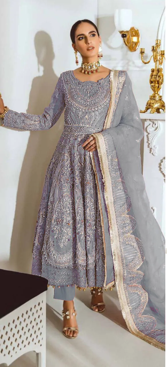 Grey Heavy Net with sequence And Embroidery Work Anarkali Suit