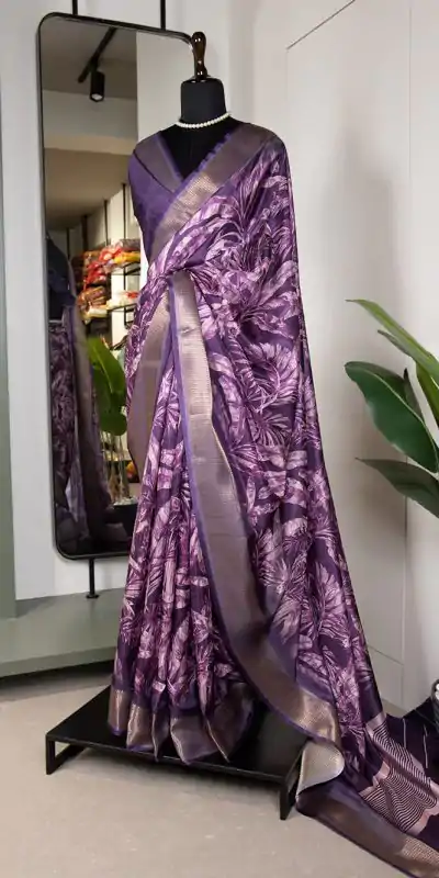YNF 7005 Purple Color Dola Silk Printed With Zari Border Saree Casual, Party Wear, Wedding, Events Etc. Expected Delivery 4-6 Working Days 1499/- | Sarees, Bollywood Sarees, Creative Sarees, Designer Sarees, Ethnic Saree, Modern Digital sarees, Party Wear Sarees