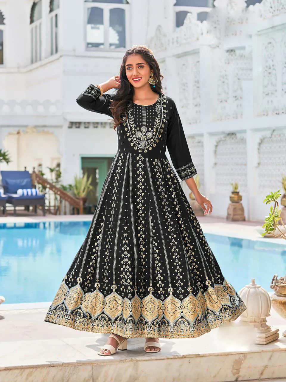 INLI Anarkali Black Color Heavy 14 Kg Rayon Printed Work Kurti Casual, Wedding, Party, Festive, Events Etc. Expected Delivery 4-6 Working Days @1699/- | Kurti, Bollywood Kurti, Creative Kurtis, Designer Kurti, Party Wear Kurti, Selfie Kurti