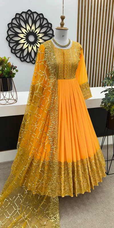 ZSR 3059 Yellow Color Georgette Embroidery Sequence Work Gown Casual, Wedding, Party, Festive, Events Etc. Expected Delivery 4-6 Working Days 2050/- | Gowns, Bollywood Gowns, Creative Gowns, Designer Gowns, Embroidered Gowns, Party Wear Gowns