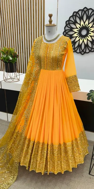ZSR 3059 Yellow Color Georgette Embroidery Sequence Work Gown Casual, Wedding, Party, Festive, Events Etc. Expected Delivery 4-6 Working Days 2050/- | Gowns, Bollywood Gowns, Creative Gowns, Designer Gowns, Embroidered Gowns, Party Wear Gowns