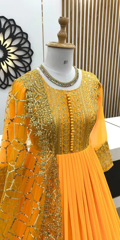 ZSR 3059 Yellow Color Georgette Embroidery Sequence Work Gown Casual, Wedding, Party, Festive, Events Etc. Expected Delivery 4-6 Working Days 2050/- | Gowns, Bollywood Gowns, Creative Gowns, Designer Gowns, Embroidered Gowns, Party Wear Gowns