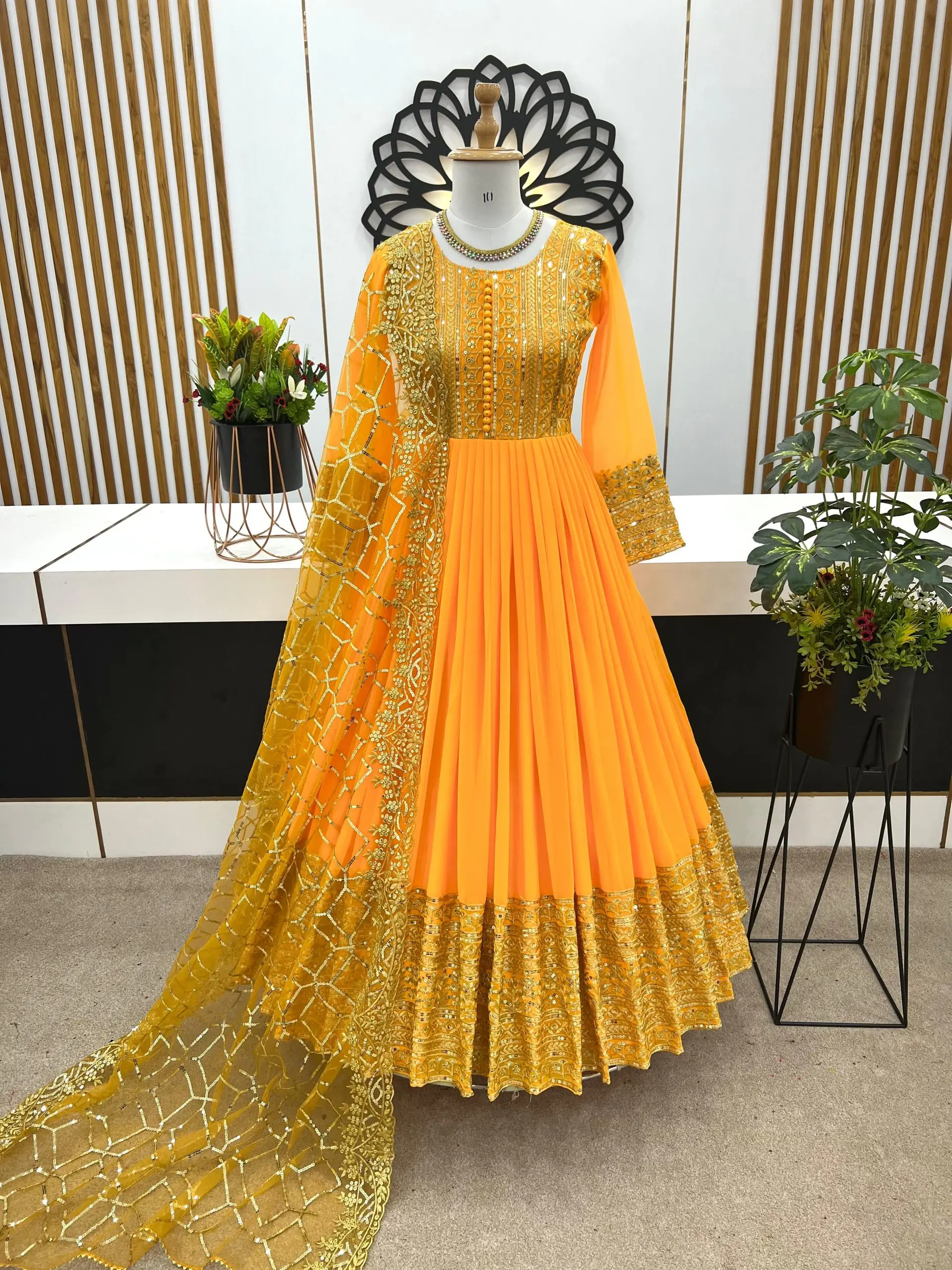 ZSR 3059 Yellow Color Georgette Embroidery Sequence Work Gown Casual, Wedding, Party, Festive, Events Etc. Expected Delivery 4-6 Working Days 2050/- | Gowns, Bollywood Gowns, Creative Gowns, Designer Gowns, Embroidered Gowns, Party Wear Gowns