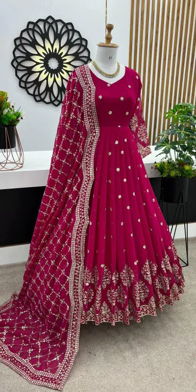 ZF 359 Rani Pink Color Georgette Embroidery Sequence Work Gown Casual, Wedding, Party, Festive, Events Etc. Expected Delivery 4-6 Working Days @1999/- | Gowns, Bollywood Gowns, Creative Gowns, Designer Gowns, Embroidered Gowns, Party Wear Gowns