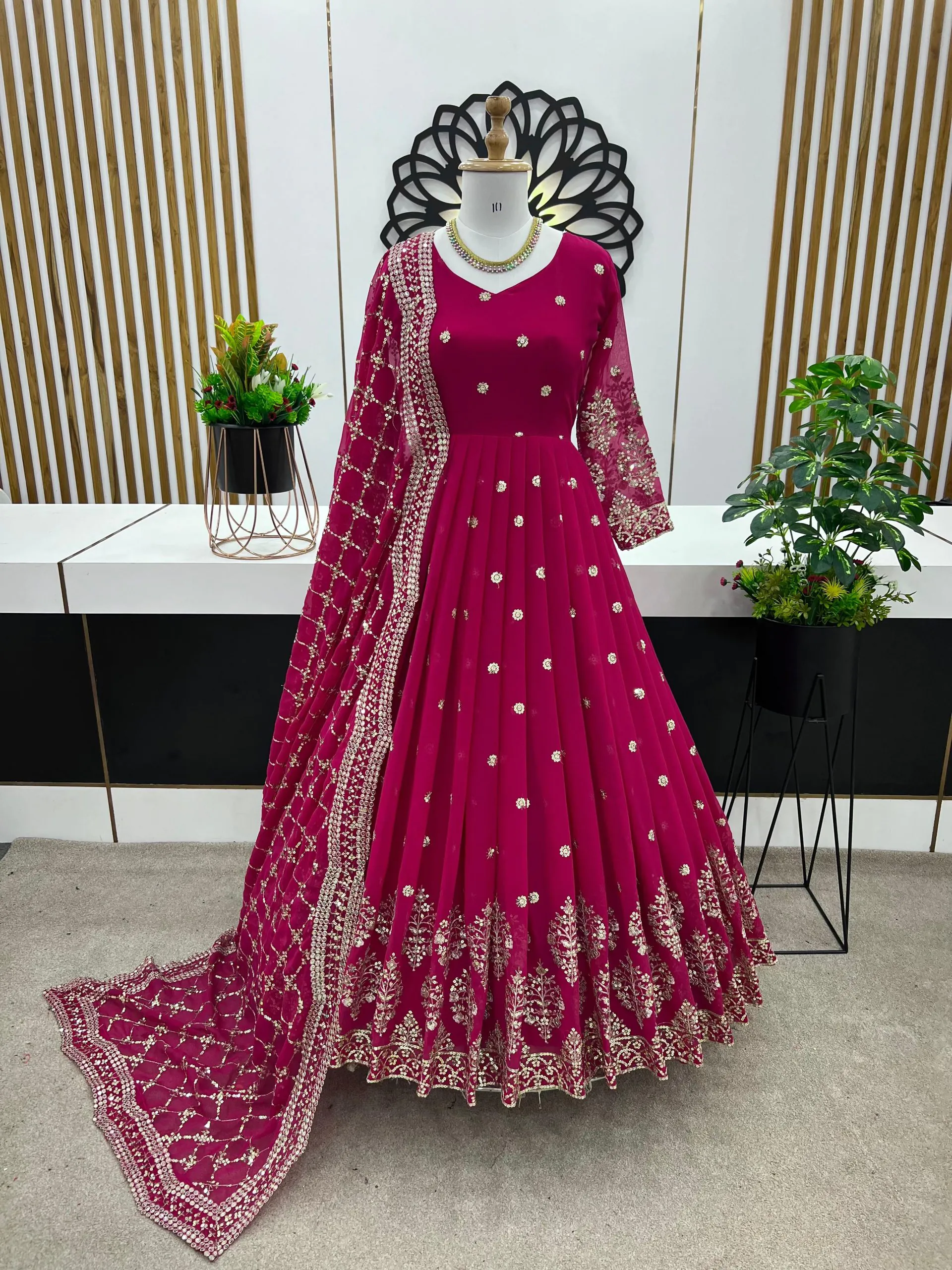 ZF 359 Rani Pink Color Georgette Embroidery Sequence Work Gown Casual, Wedding, Party, Festive, Events Etc. Expected Delivery 4-6 Working Days @1999/- | Gowns, Bollywood Gowns, Creative Gowns, Designer Gowns, Embroidered Gowns, Party Wear Gowns