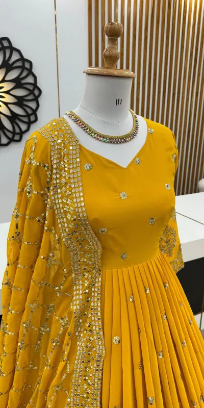 ZF 359 Yellow Color Georgette Embroidery Sequence Work Gown Casual, Wedding, Party, Festive, Events Etc. Expected Delivery 4-6 Working Days @1999/- | Gowns, Bollywood Gowns, Creative Gowns, Designer Gowns, Embroidered Gowns, Party Wear Gowns