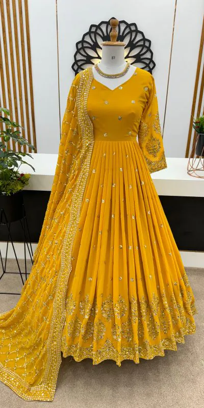 ZF 359 Yellow Color Georgette Embroidery Sequence Work Gown Casual, Wedding, Party, Festive, Events Etc. Expected Delivery 4-6 Working Days @1999/- | Gowns, Bollywood Gowns, Creative Gowns, Designer Gowns, Embroidered Gowns, Party Wear Gowns