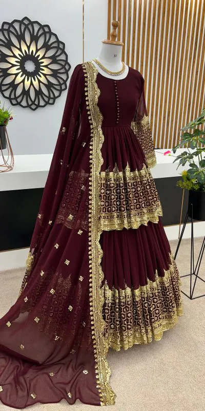 ZF 362 Dark Maroon Faux Georgette With Heavy Embroidery Sequence Work Lehenga Choli Wedding, Party, Events Etc. Expected Delivery 4-6 Working Days 2099/- | Lehenga, Bollywood Lehenga, Creative Lehenga, Designer Lehenga, Embroidered Lehenga, Party Wear Lehenga