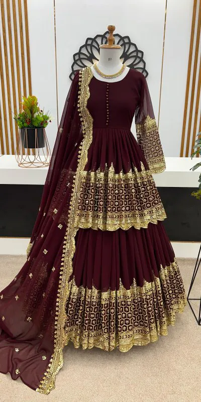 ZF 362 Dark Maroon Faux Georgette With Heavy Embroidery Sequence Work Lehenga Choli Wedding, Party, Events Etc. Expected Delivery 4-6 Working Days 2099/- | Lehenga, Bollywood Lehenga, Creative Lehenga, Designer Lehenga, Embroidered Lehenga, Party Wear Lehenga