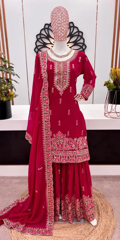 ZF 367 Maroon Color Faux Georgette thread Sequence Work Sharara Suit Casual, Wedding, Party, Festive, Events Etc. Expected Delivery 4-6 Working Days @2399/- | Jump Suits, Salwar suit, Casual Suits, Creative suits, Designer Suits, Palazzo Suits, Party Wear Suits, Patiala Suits, Straight Suits