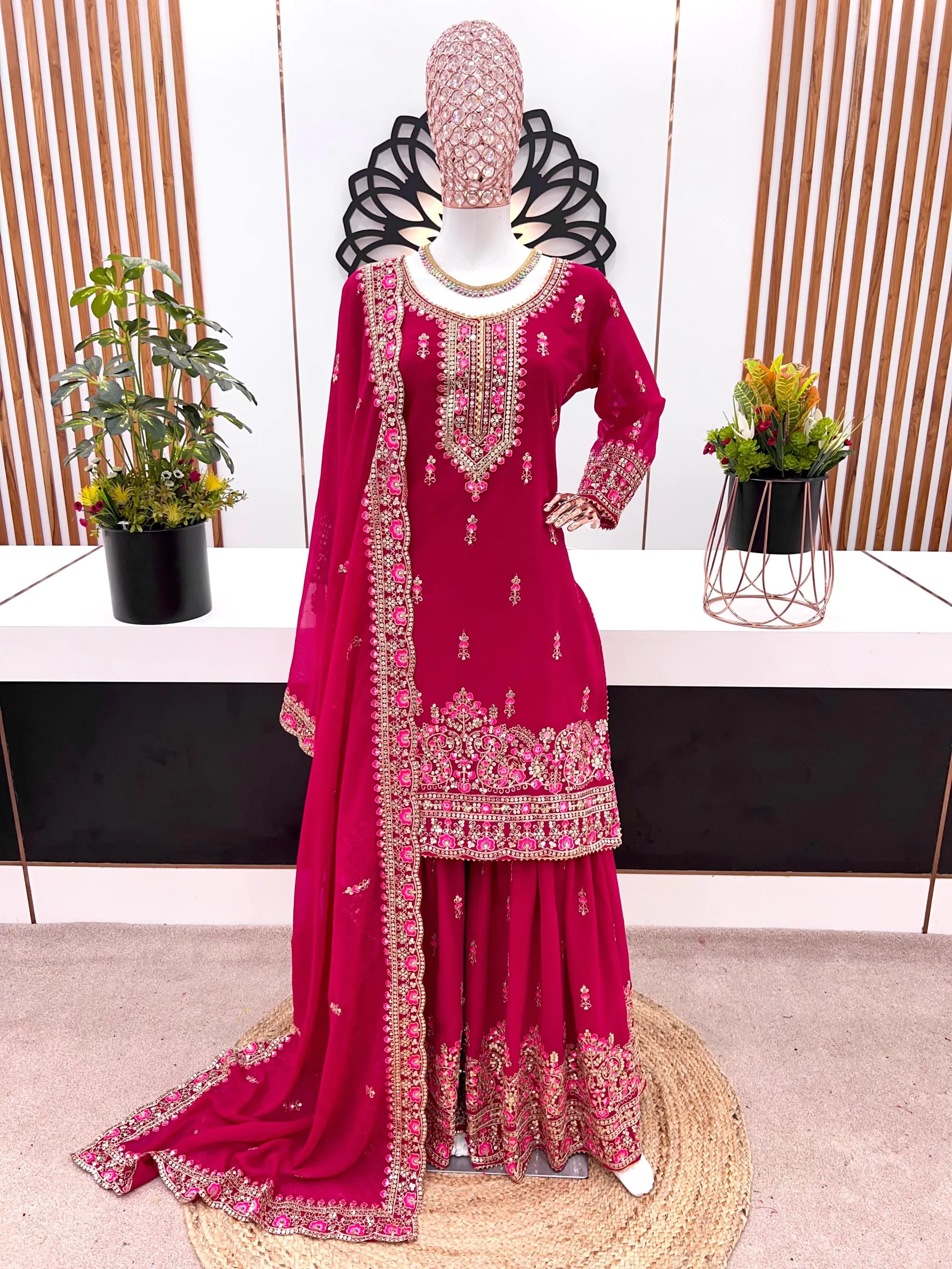ZF 367 Maroon Color Faux Georgette thread Sequence Work Sharara Suit Casual, Wedding, Party, Festive, Events Etc. Expected Delivery 4-6 Working Days @2399/- | Jump Suits, Salwar suit, Casual Suits, Creative suits, Designer Suits, Palazzo Suits, Party Wear Suits, Patiala Suits, Straight Suits