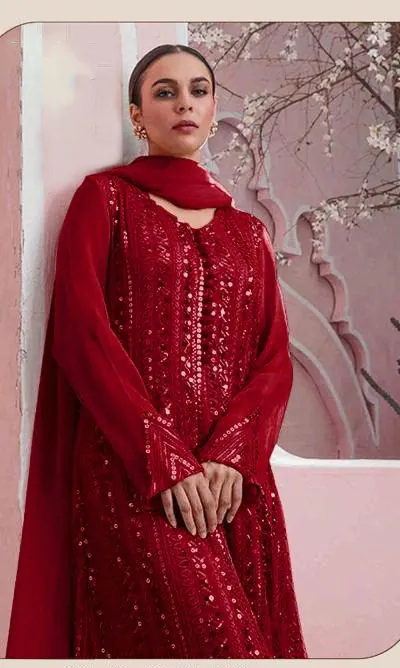 DS 001255 Red Color Georgette Embroidered Straight Pakistani Salwar Suit Casual, Wedding, Festive, Events Etc. Expected Delivery 4-6 Working Days @1949/- | Jump Suits, Salwar suit, Casual Suits, Creative suits, Designer Suits, Palazzo Suits, Party Wear Suits, Patiala Suits, Straight Suits