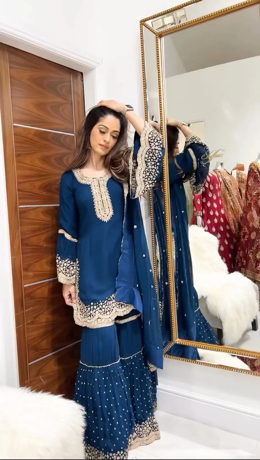 NSR 797 Royal Blue Color Faux Georgette Embroidery Work Sharara Suit Casual, Wedding, Party, Festive, Events Etc. Expected Delivery 4-6 Working Days 2099/- | Jump Suits, Salwar suit, Casual Suits, Creative suits, Designer Suits, Palazzo Suits, Party Wear Suits, Patiala Suits, Straight Suits