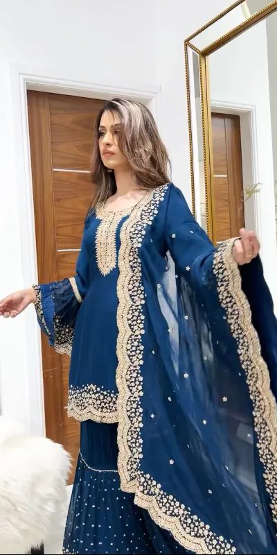 NSR 797 Royal Blue Color Faux Georgette Embroidery Work Sharara Suit Casual, Wedding, Party, Festive, Events Etc. Expected Delivery 4-6 Working Days 2099/- | Jump Suits, Salwar suit, Casual Suits, Creative suits, Designer Suits, Palazzo Suits, Party Wear Suits, Patiala Suits, Straight Suits