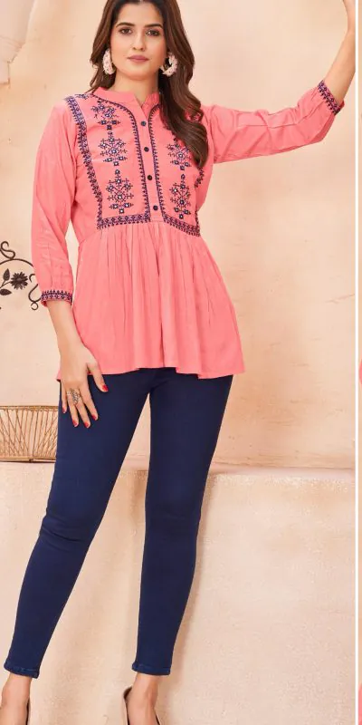 INLI Bubbly Pink Color GHeavy Rayon Embroidery work Kurti Casual, Wedding, Party, Festive, Events Etc. Expected Delivery 4-6 Working Days @999/- | Kurti, Bollywood Kurti, Creative Kurtis, Designer Kurti, Party Wear Kurti, Selfie Kurti