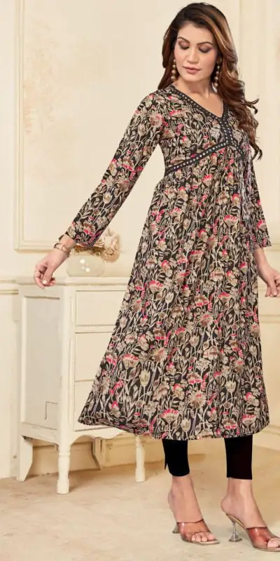 INLI  Alia Black Color Heavy Rayon Print with Foil Work Kurti Casual, Wedding, Party, Festive, Events Etc. Expected Delivery 4-6 Days @1299/- | Kurti, Bollywood Kurti, Creative Kurtis, Designer Kurti, Party Wear Kurti, Selfie Kurti