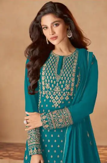 Peacock Blue Georgette Sequins Sharara Suit - Image 2