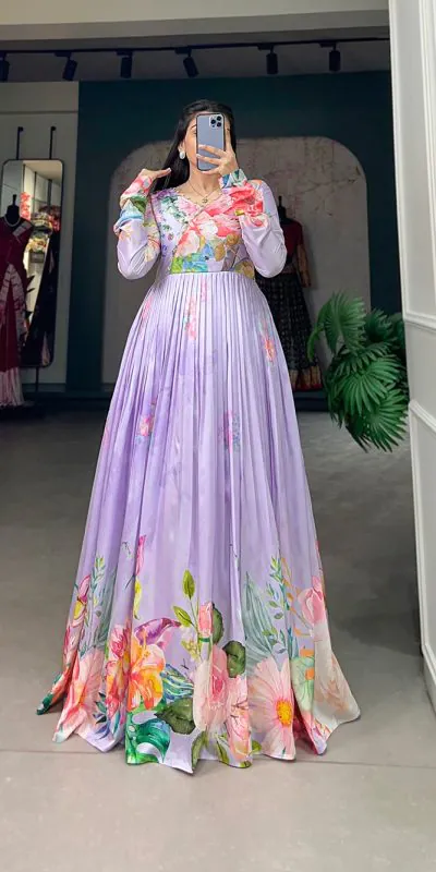 YNF 5018 Purple Color tussah silk Floral Printed Gown Casual, Wedding, Party, Festive, Events Etc. Expected Delivery 4-6 Working Days @1899/- | Gowns, Bollywood Gowns, Creative Gowns, Designer Gowns, Embroidered Gowns, Party Wear Gowns