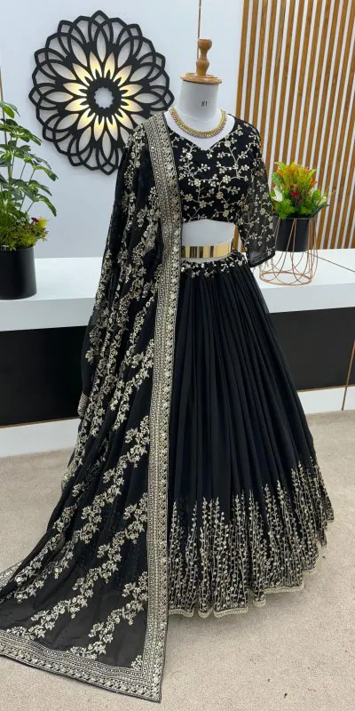 ZF 358 Black Color Faux Georgette With Heavy Embroidery Sequence Work Lehenga Choli Wedding, Party, Events Etc. Expected Delivery 4-6 Working Days 2099/- | Lehenga, Bollywood Lehenga, Creative Lehenga, Designer Lehenga, Embroidered Lehenga, Party Wear Lehenga