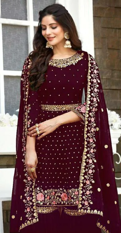 Ds 003821 Maroon color Georgette Embroidery Stone work Sharara suit Wedding, Party, Festive, Events Etc. Expected Delivery 4-6 Working Days @2299/- | Salwar suit, Casual Suits, Creative suits, Designer Suits, Palazzo Suits, Party Wear Suits, Straight Suits