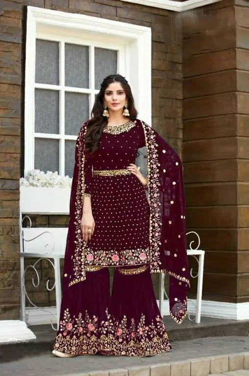 Ds 003821 Maroon color Georgette Embroidery Stone work Sharara suit Wedding, Party, Festive, Events Etc. Expected Delivery 4-6 Working Days @2299/- | Salwar suit, Casual Suits, Creative suits, Designer Suits, Palazzo Suits, Party Wear Suits, Straight Suits
