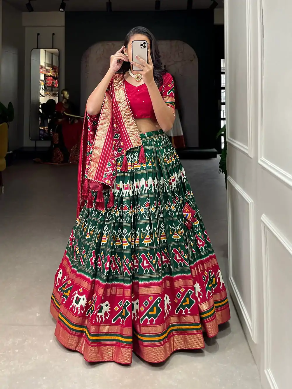 LNB1685 Green Color Tussar Silk Patola Foil Printed Lehenga Choli Festive, Wedding, Party, Events Expected Etc. Delivery 4-6 Working Days @2199/- | Lehenga, Bollywood Lehenga, Creative Lehenga, Designer Lehenga, Embroidered Lehenga, Party Wear Lehenga