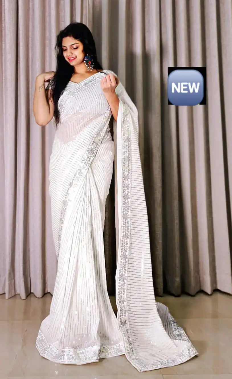 JR 590 White Color Georgette Embroidery Embroidery Sequence work Sequence lace Casual, Wedding, Festive, Events . Expected Delivery  4-6 Working Days @1699 | Sarees, Bollywood Sarees, Creative Sarees, Designer Sarees, Embroidered Sarees, Ethnic Saree, Modern Digital sarees, Party Wear Sarees