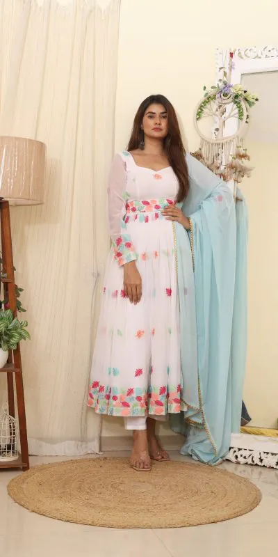 RTC 8041 B White Color Georgette Embroidered Swarovski Anarkali Suit Casual, Wedding, Party, Festive, Events Etc. Expected Delivery 4-6 Working Days @1899 | Anarkali Suits, Bollywood Anarkali, Creative-Anarkali, Designer Anarkali, Embroidered Anarkali, Party Wear Anarkali