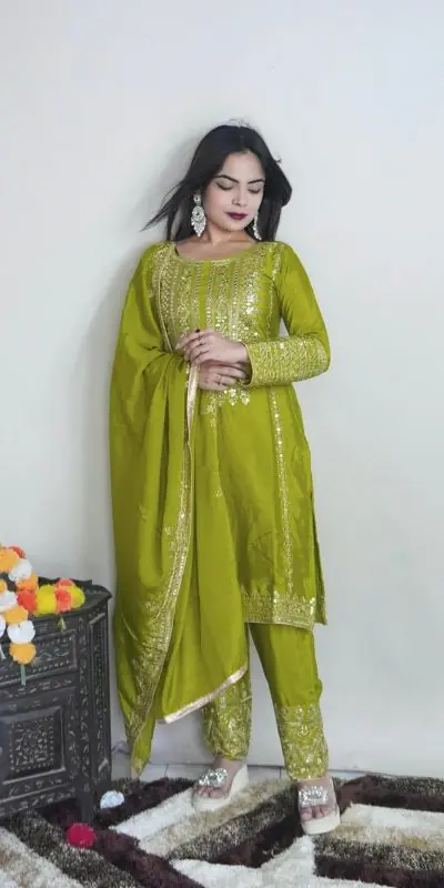 Elegant Green Color Pure Chinnon Silk Embroidery Salwar Suit