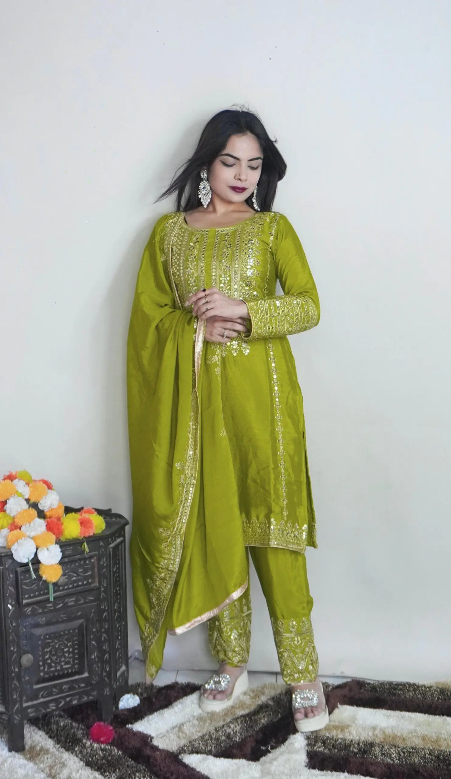 Elegant Green Color Pure Chinnon Silk Embroidery Salwar Suit