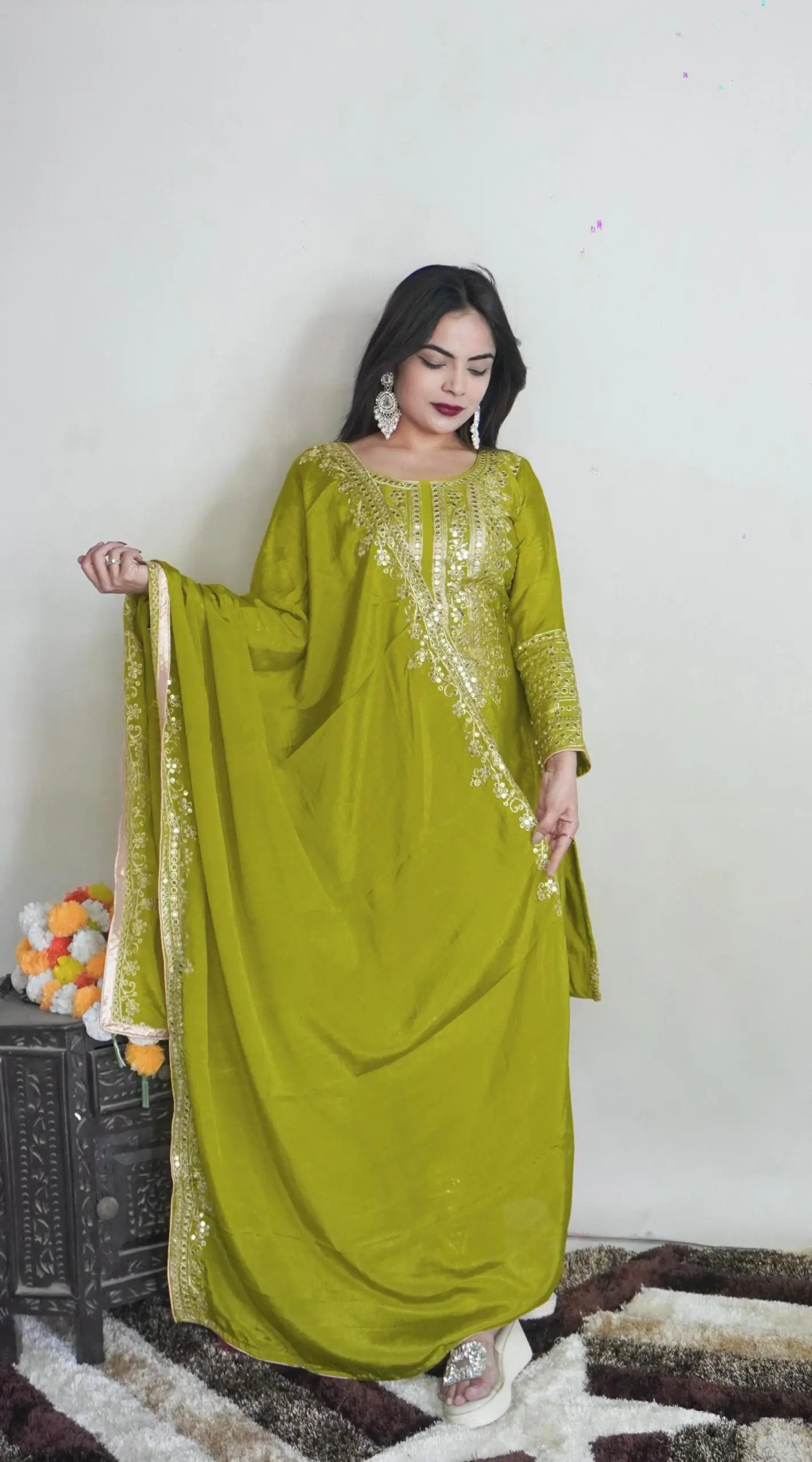 Green Chinnon Silk Embroidery Salwar Suit - Image 2