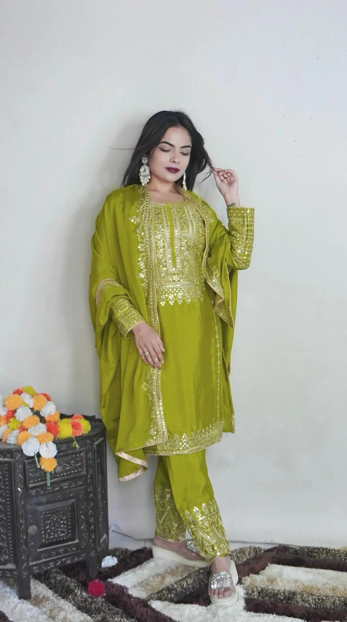 Green Chinnon Silk Embroidery Salwar Suit - Image 3