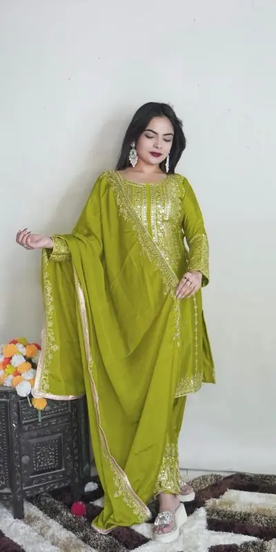 Elegant Green Color Pure Chinnon Silk Embroidery Salwar Suit