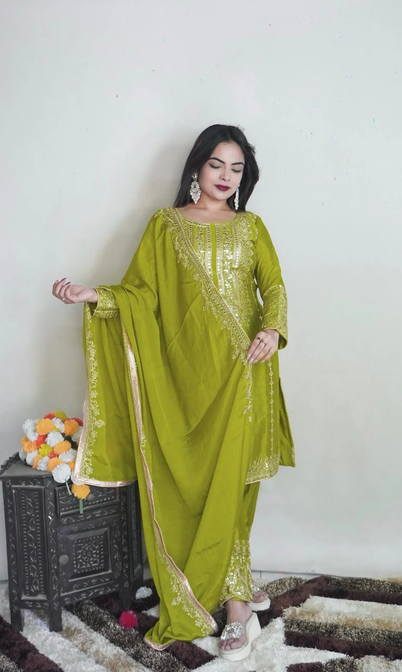 Elegant Green Color Pure Chinnon Silk Embroidery Salwar Suit