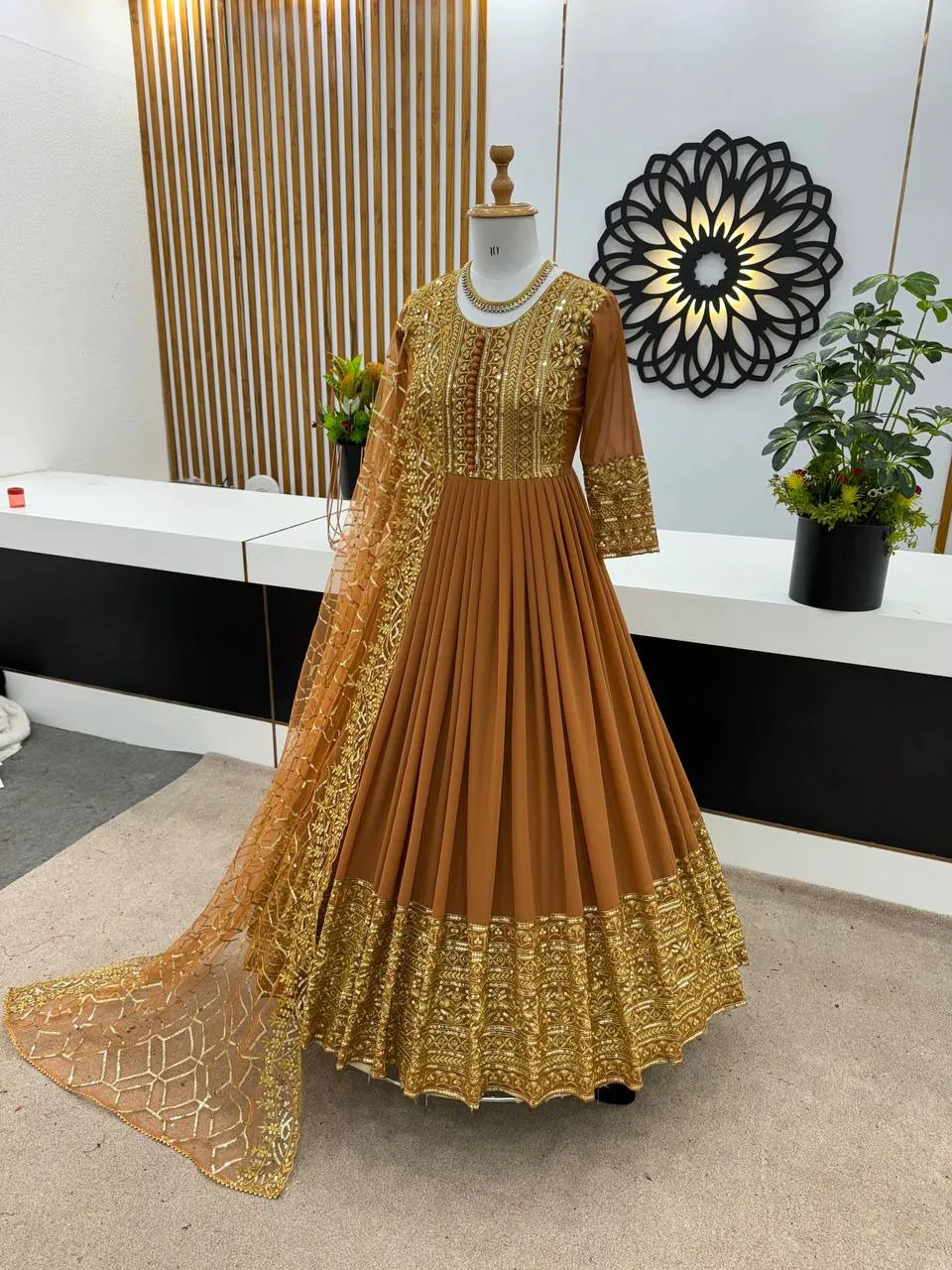 ZSR 3059 Mustard Color Georgette Embroidery Sequence Work Gown Casual, Wedding, Party, Festive, Events Etc. Expected Delivery 4-6 Working Days 2049/- | Gowns, Bollywood Gowns, Creative Gowns, Designer Gowns, Embroidered Gowns, Party Wear Gowns
