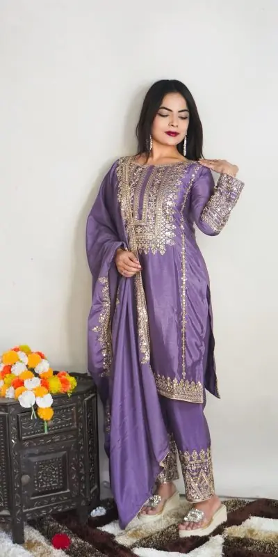 SRK 5151 Violet Color Pure Chinnon Silk Embroidery Sequence Salwar Suit Wedding, Party, Festive, Events Expected Delivery 4-6 Working Days @ 1949/- | Jump Suits, Salwar suit, Casual Suits, Creative suits, Designer Suits, Palazzo Suits, Party Wear Suits, Patiala Suits, Straight Suits