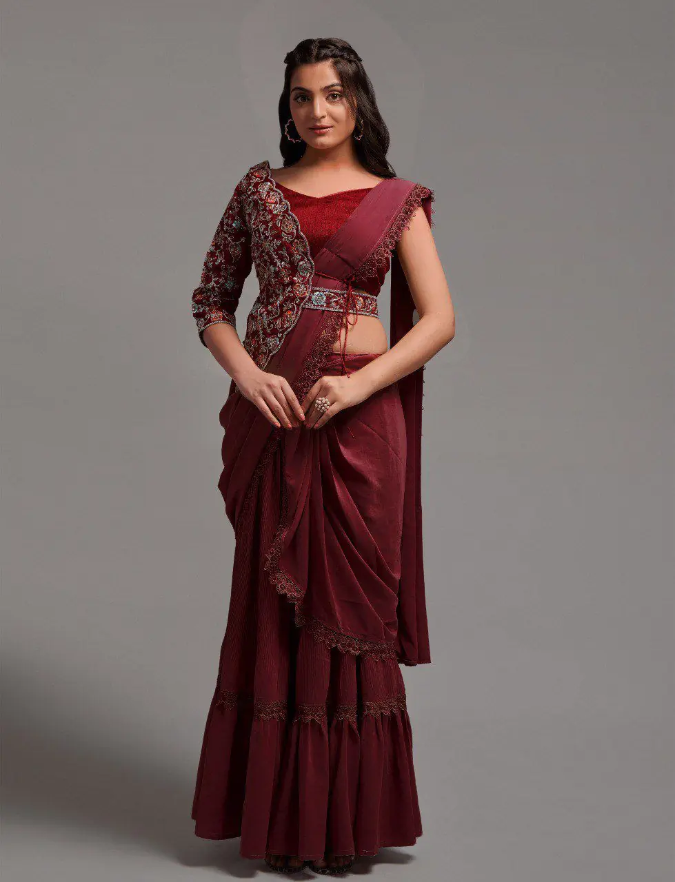 VT-530 Maroon Color Diamond Georgette Free Size Stitching Saree And Blouse Casual, Wedding, Festive, Events . Expected Delivery 4-6 Working Days @2349/- | Sarees, Bollywood Sarees, Creative Sarees, Designer Sarees, Embroidered Sarees, Ethnic Saree, Modern Digital sarees, Party Wear Sarees