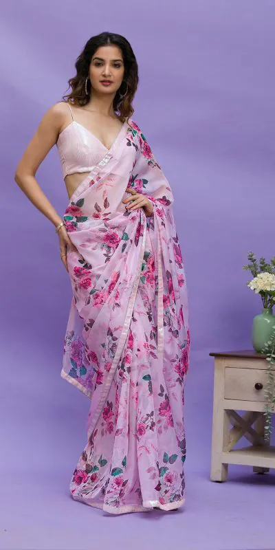 RS 45 Pink Color Floral Digital Printed Georgette Lace Border Saree Casual, Party, Wedding, Festive, Events . Expected Delivery 4-6 Working Days @1799/- | Sarees, Bollywood Sarees, Creative Sarees, Designer Sarees, Embroidered Sarees, Ethnic Saree, Modern Digital sarees, Party Wear Sarees