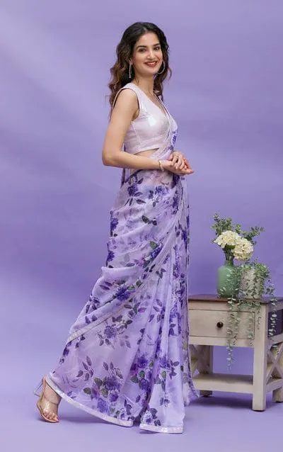 RS 45 Violet Color Floral Digital Printed Georgette Lace Border Saree Casual, Party, Wedding, Festive, Events . Expected Delivery 4-6 Working Days @1799/- | Sarees, Bollywood Sarees, Creative Sarees, Designer Sarees, Embroidered Sarees, Ethnic Saree, Modern Digital sarees, Party Wear Sarees