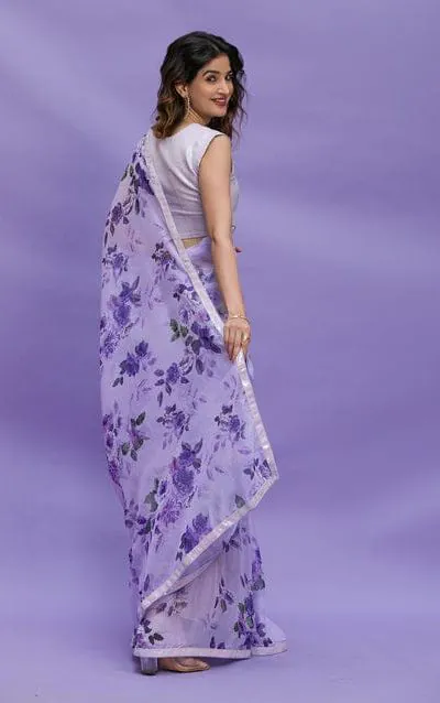 RS 45 Violet Color Floral Digital Printed Georgette Lace Border Saree Casual, Party, Wedding, Festive, Events . Expected Delivery 4-6 Working Days @1799/- | Sarees, Bollywood Sarees, Creative Sarees, Designer Sarees, Embroidered Sarees, Ethnic Saree, Modern Digital sarees, Party Wear Sarees