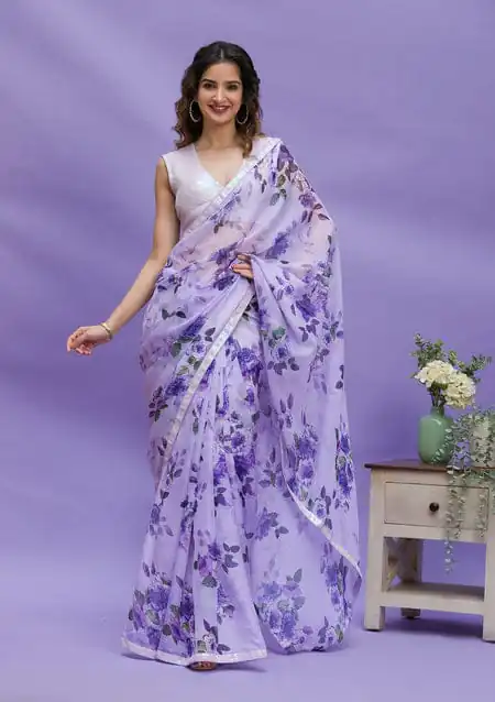 RS 45 Violet Color Floral Digital Printed Georgette Lace Border Saree Casual, Party, Wedding, Festive, Events . Expected Delivery 4-6 Working Days @1799/- | Sarees, Bollywood Sarees, Creative Sarees, Designer Sarees, Embroidered Sarees, Ethnic Saree, Modern Digital sarees, Party Wear Sarees