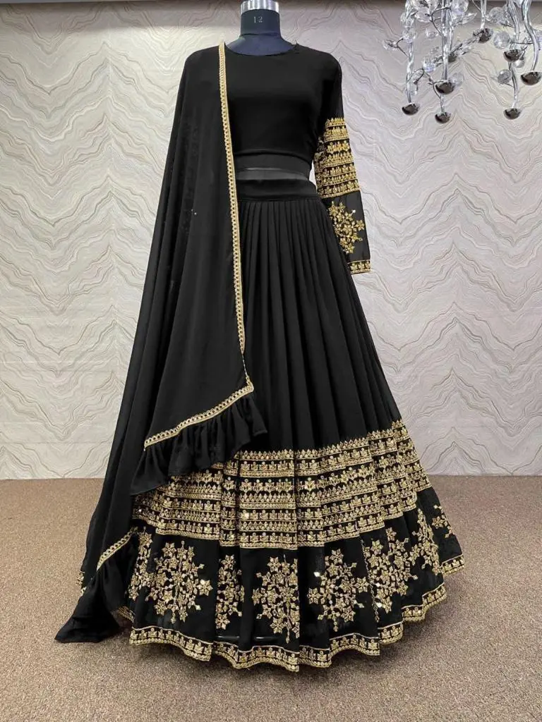 RC Butta Gold Black Color Heavy Georgette Embroidery Sequins Lehenga Choli Casual, Party Wedding, Festive, Events Etc. Delivery 4-6 Working Days 1999/- | Lehenga, Bollywood Lehenga, Creative Lehenga, Designer Lehenga, Embroidered Lehenga, Party Wear Lehenga