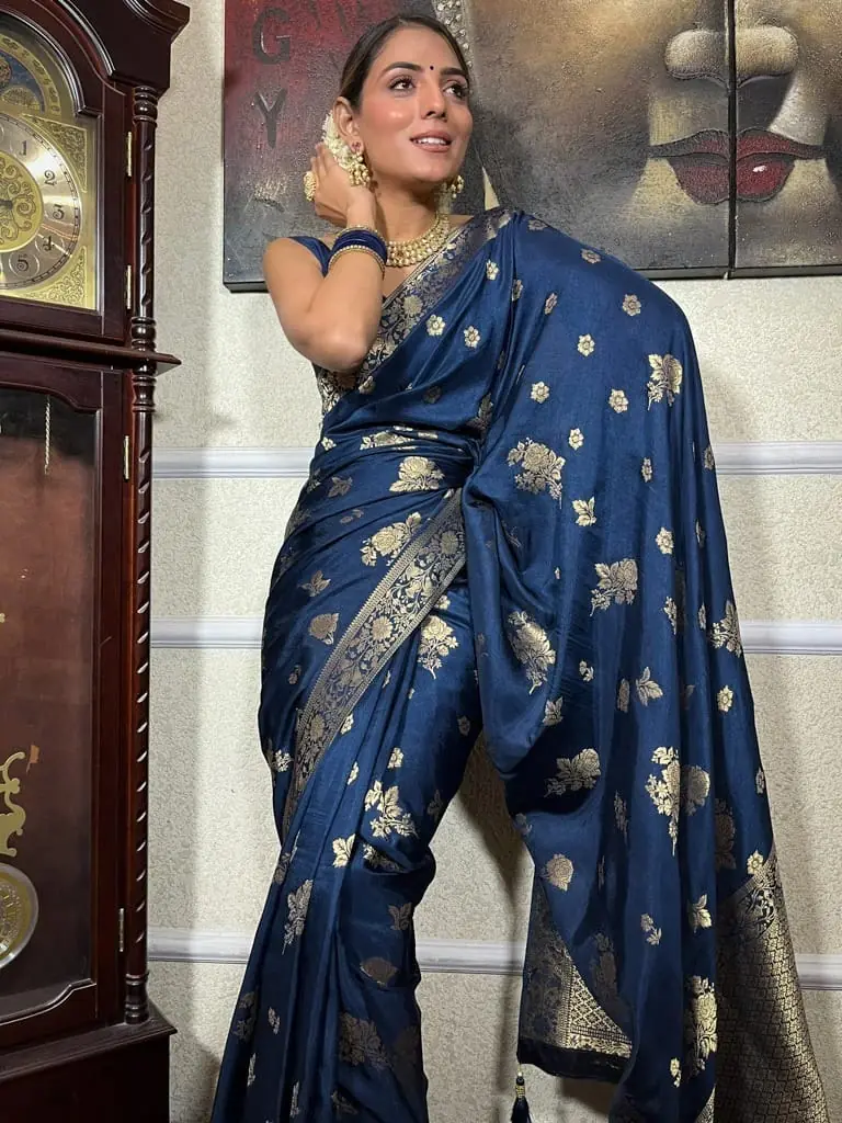 DDF 129 Blue Color Banarasi Soft Silk Extra Ordinary Design Saree Casual, Party Wear, Events, Festivals Etc. Expected Delivery 4-6 Working Days 1449/- | Sarees, Bollywood Sarees, Creative Sarees, Designer Sarees, Embroidered Sarees, Ethnic Saree, Modern Digital sarees, Party Wear Sarees