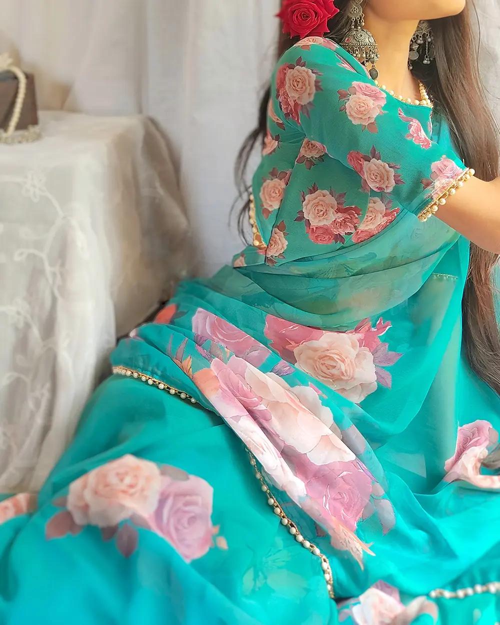 YNF7007 Green Color Georgette Printed with pearl lace border Saree Casual, Party Wear, Wedding, Events Etc. Expected Delivery 4-6 Working Days @1499/- | Sarees, Bollywood Sarees, Creative Sarees, Designer Sarees, Embroidered Sarees, Ethnic Saree, Modern Digital sarees, Party Wear Sarees