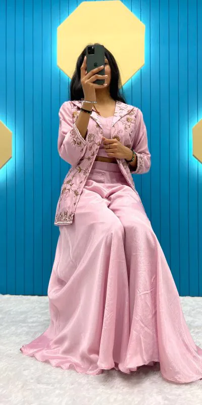 LG 1798 Baby Pink Color Fiona Silk Koti / Blazer Sequence Embroidery Salwar Suit Casual, Wedding, Festive, Events Expected Delivery 4-6 Working Days @1949/- | Jump Suits, Salwar suit, Casual Suits, Creative suits, Designer Suits, Palazzo Suits, Party Wear Suits, Patiala Suits, Straight Suits